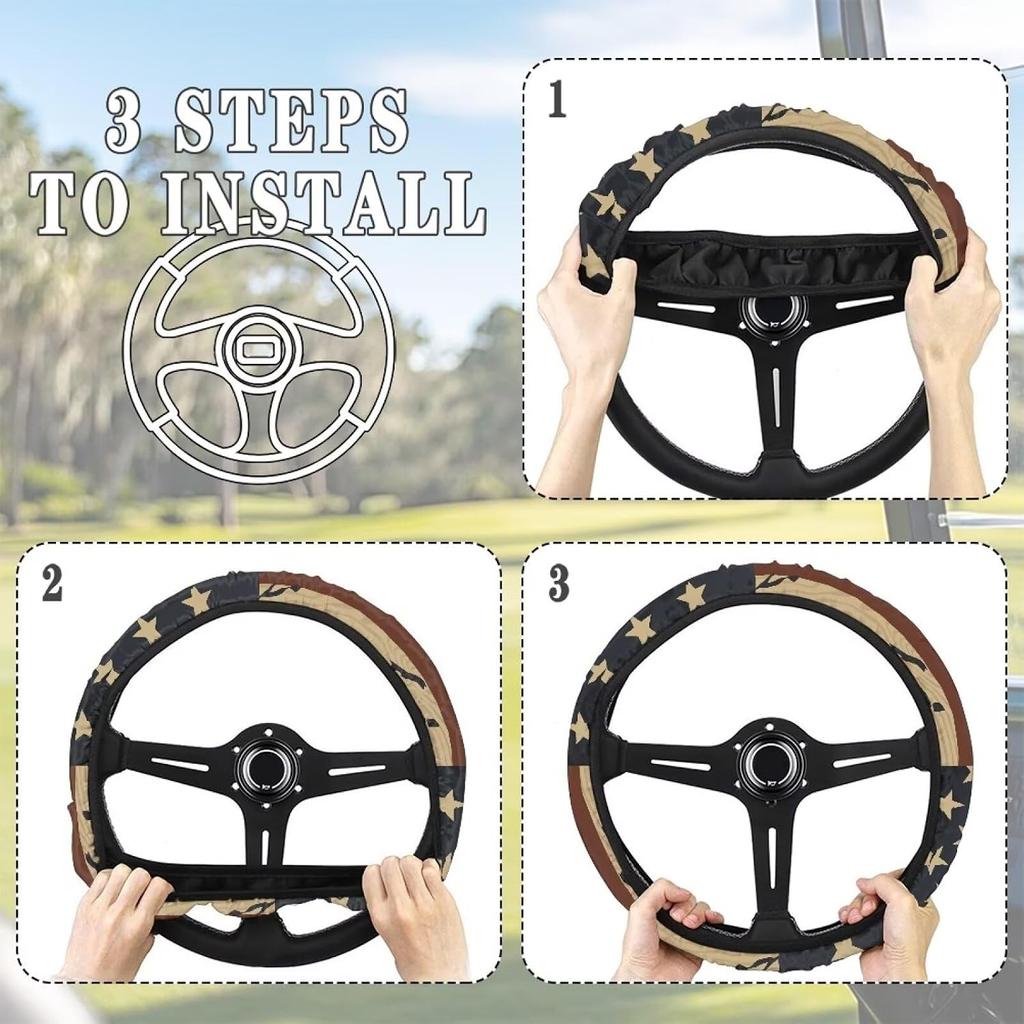 American Flag Golf Cart Steering Wheel Cover, Universal, 13-14 Inches, Polyester, Odorless, Non-Slip, Easy To Grip, Easy To Install, Patriotic