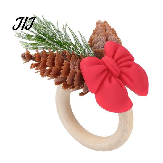 Christmas Eve Party Table Decor Mini Napkin Ring, Small Red Bow Wooden Holder with Reusable Supplies Berries Pine Cones for New Year Dinner