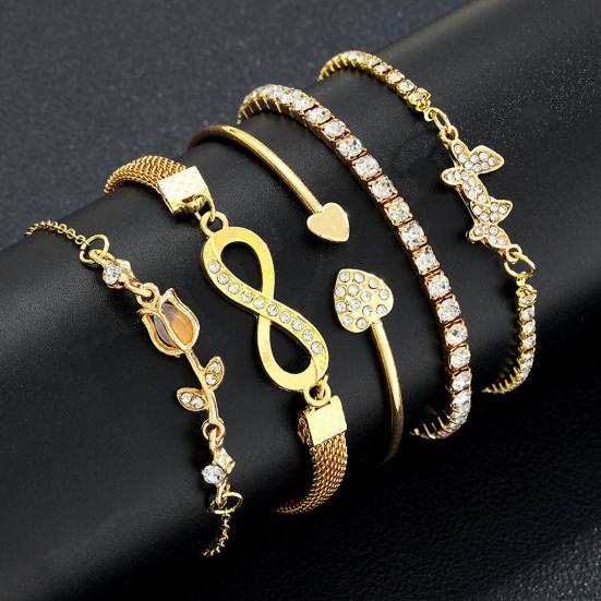 5Pcs/Set Women Stackable Rhinestone Bracelets Alloy Tulip Butterfly Bracelets Layered Cuff Chain Bracelets Jewelry for Party Dating