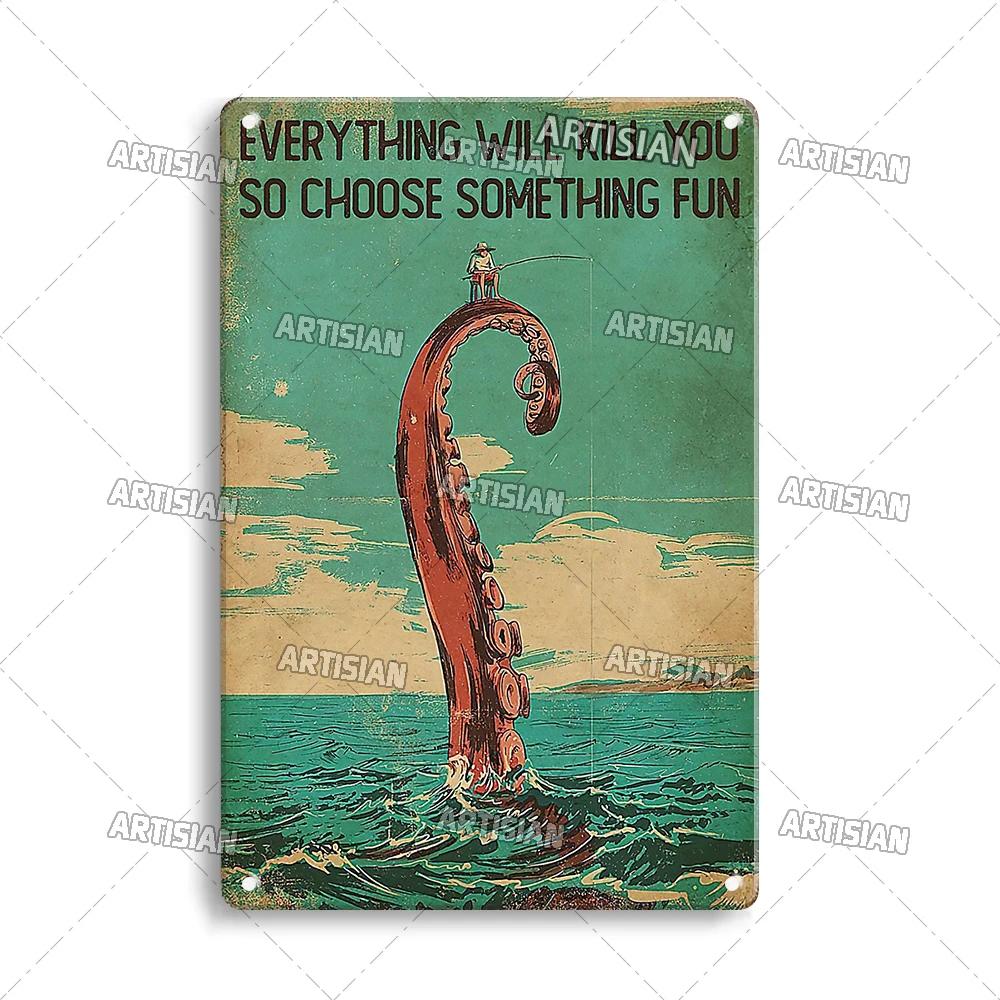 Artisian Fishing Metal Poster Sport Tin Sign Lure Bait Decorative Plaque Wall Decor Garage Bar Pub Club Hotel Cafe Kitchen Home