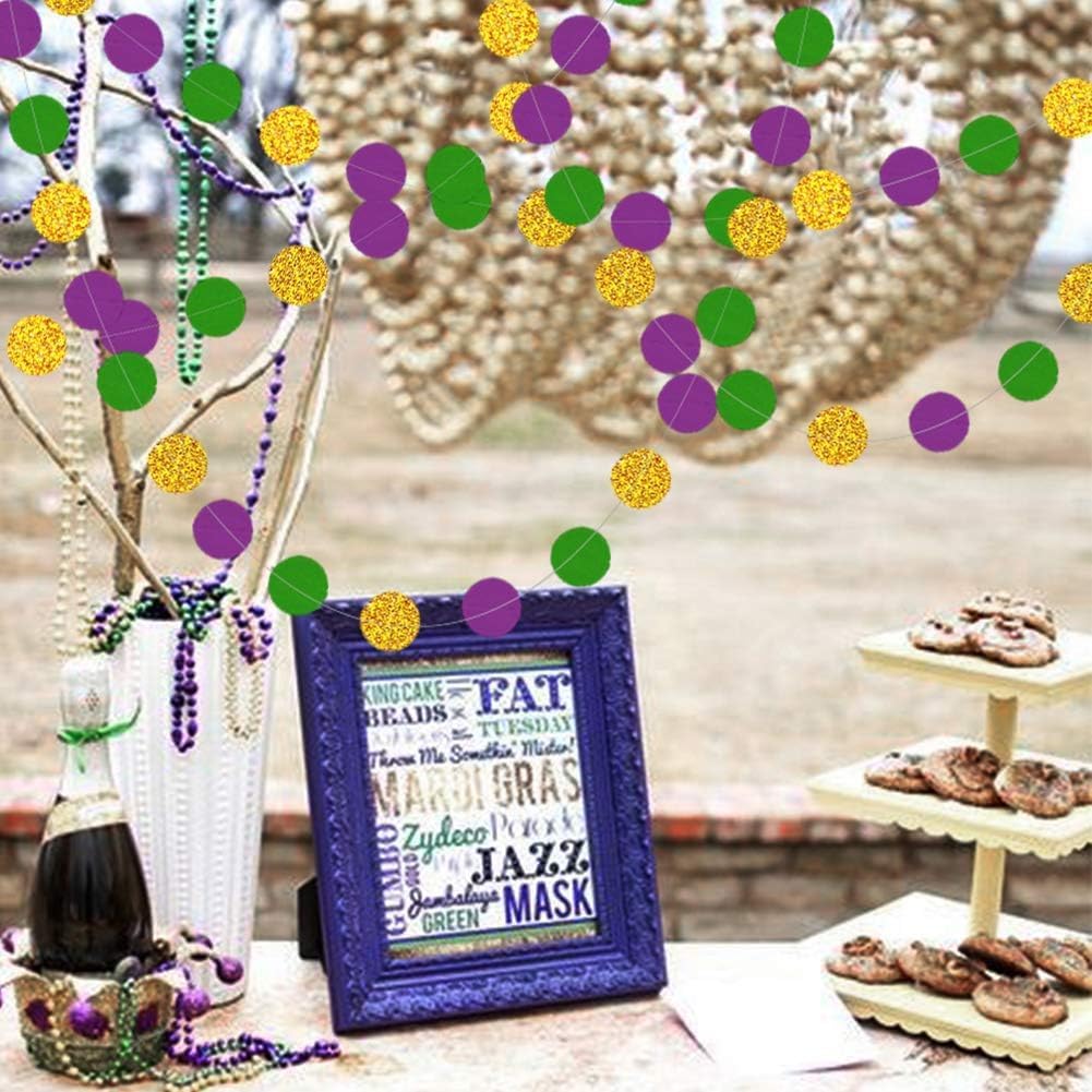 Decor365 Gold Purple Green Mardi Gras Decorations Glitter Dot Mardi Gras Garland Decor Circle Streamers Fat Tuesday Banner Carnival Themed Backdrop