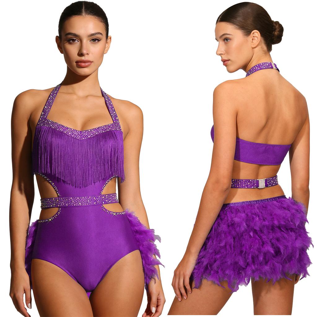 Damen Funkelnde Strass Tanz Bodysuit Kunstfeder Akzente Neckholder Rückenfrei Ärmellos Leotard Latein Kostüm