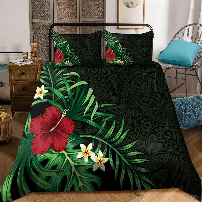 Hibiscus Floral Duvet Cover Tribal Polynesian Turtle Bedding Set Single Twin King Microfiber Plumeria Hawaiian Comforter Cover
