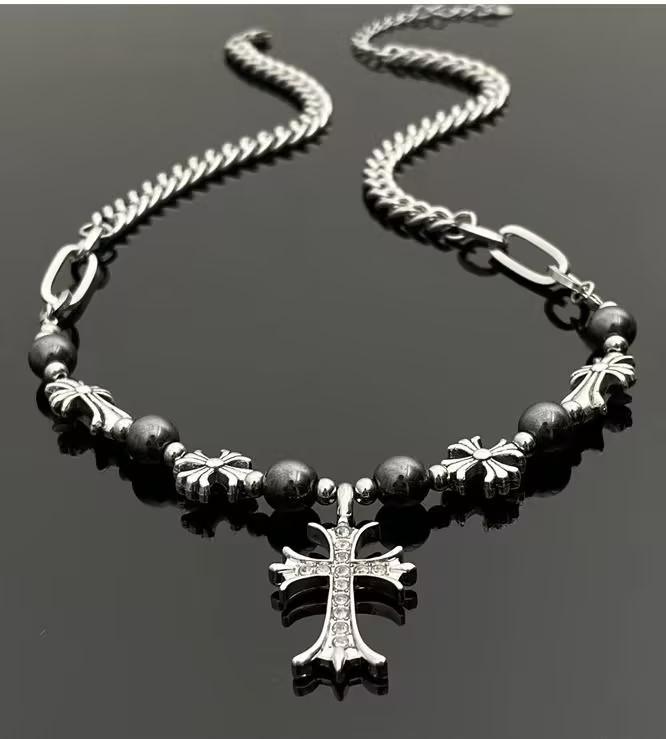 Dark Gothic cross fringed necklace multi-layered beaded necklace fashionable Spice Girl necklace
