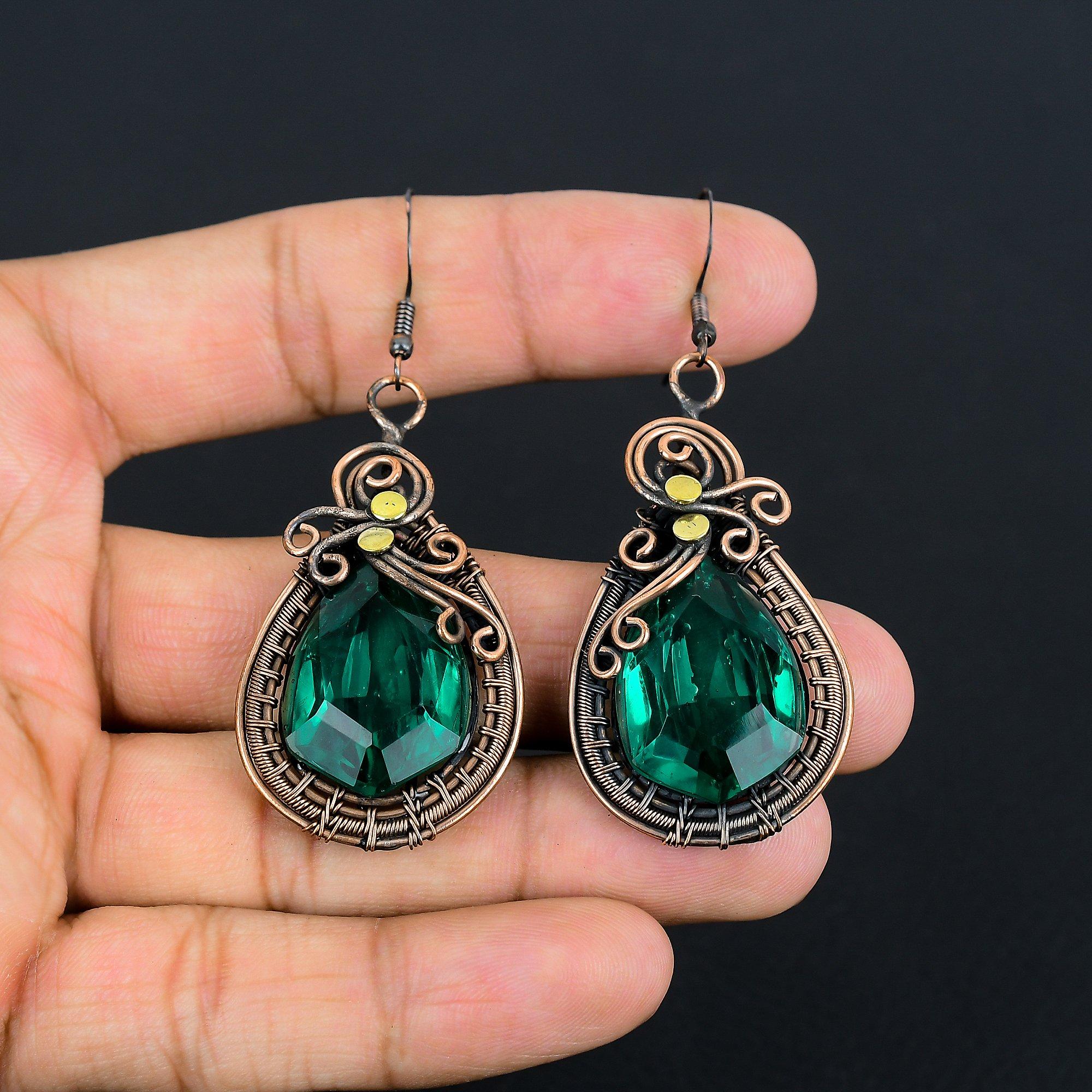 

Indicolite Gemstone Earrings, 999 Copper Wire Wrapped Earrings, Handmade Antique Jewelry, Gift For Mother Day 2.74 Inches
