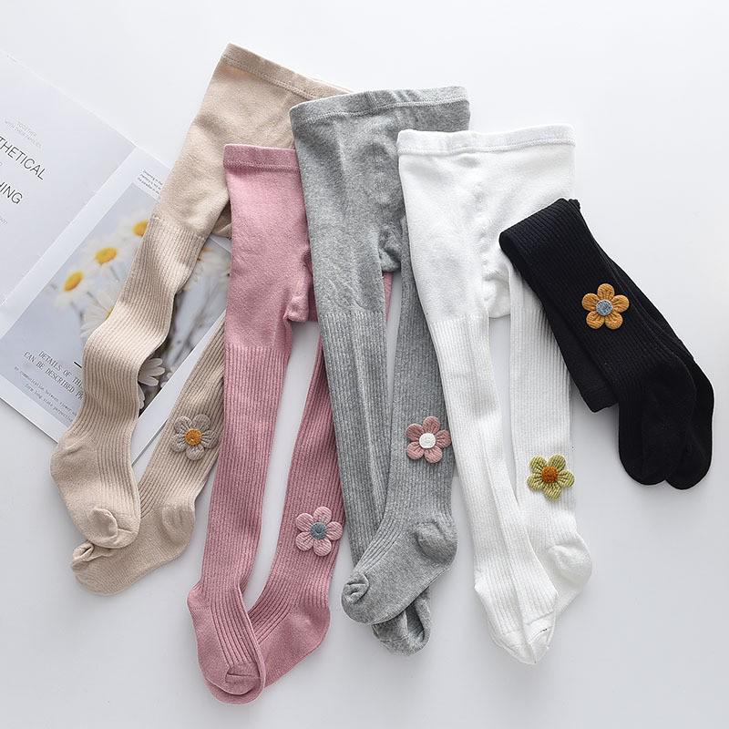 Spring & Autumn Girls' One-Piece Cotton Tights - Solid Striped, Medium Thickness, Sunflower Design