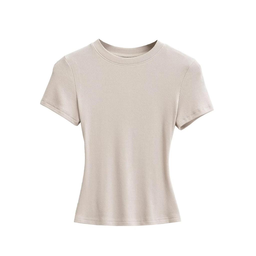2025 Summer Kardashian Style Ribbed Short Sleeve Top - Solid Color & Sexy Round Neck
