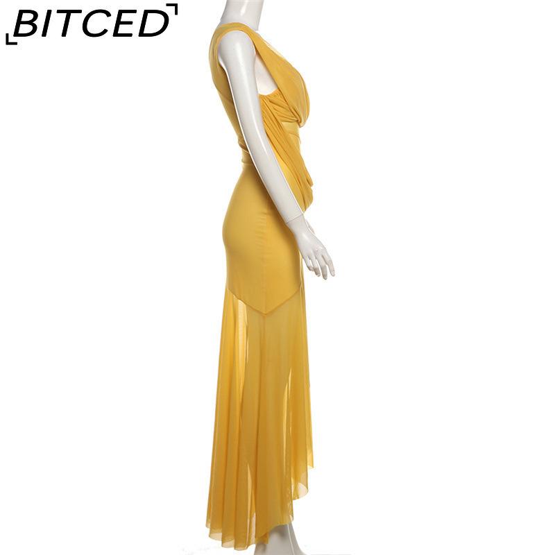 BITCED Summer Women's Solid-Colour Slim-Fit High-Waisted Fashion Strapless Sleeveless Mesh Dress