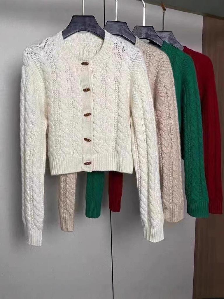 Women's Wool Cable Knit Cardigan Sweater - Autumn/Winter High-Waisted with Horn Button