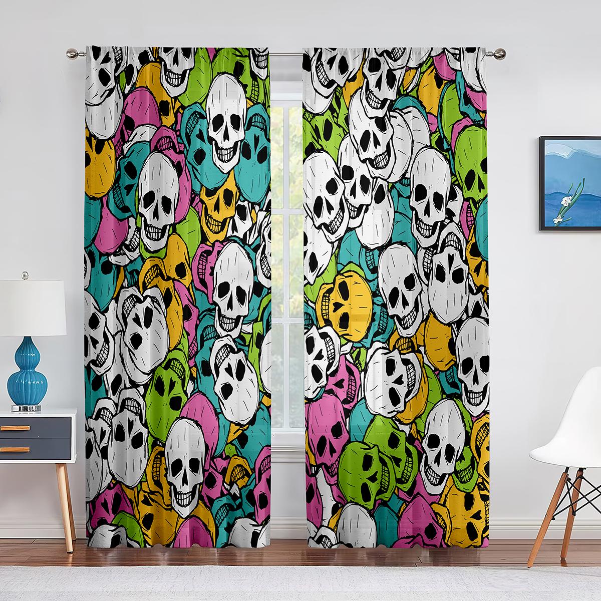 

Тюлевые шторы с текстурой черепа и черепной коробкой для гостиной, спальни, шифоновая прозрачная вуаль, кухонные оконные занавески, шторы 1 PCS W100XH250cm&Grommet Top