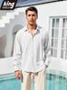 Spring Summer Men's Cotton Linen Shirt Long Sleeve Solid Color Casual Vacation Beach Lightweight Cozy Shirt