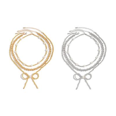 Necklace with Unique Bowknot Charm Elegant Pearls Beaded Neckchain Stylish Bowknot Pendant Necklace for Gatherings