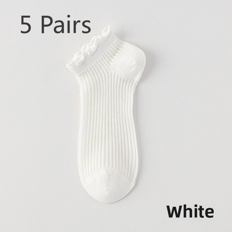 5 par spetssockor Dam Vår och Sommar Tunna Godisfärgssystem Nät Andningsbara Benfria Träöra Spets Låga Korta Bomullssockor