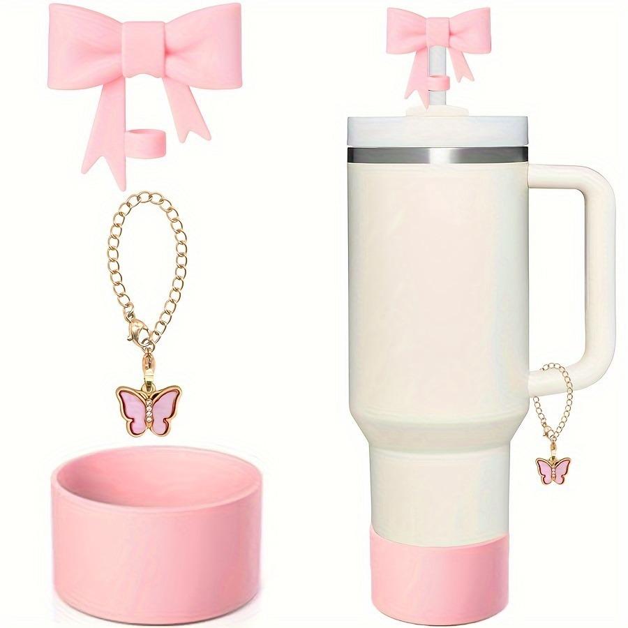 3Pcs Bow Straw Cap Covers Toppers Accessories for Stanley 30&40 Cups Silicone Boot Butterfly Charm Chain for Tumbler with Handle