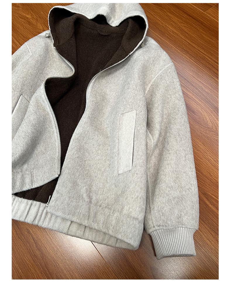 Heavyweight Double-Sided Wool Hooded Jacket Coat, Double Layer Color Block, Zipper Hoodie for Men and Women.