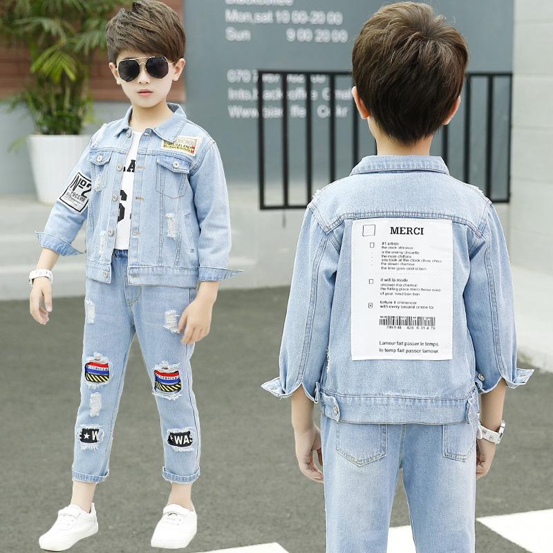 Denim Children's Suit Jacket Pants Set  Spring/autumn   Korean Style Cross-border Fashion for Boys Girls