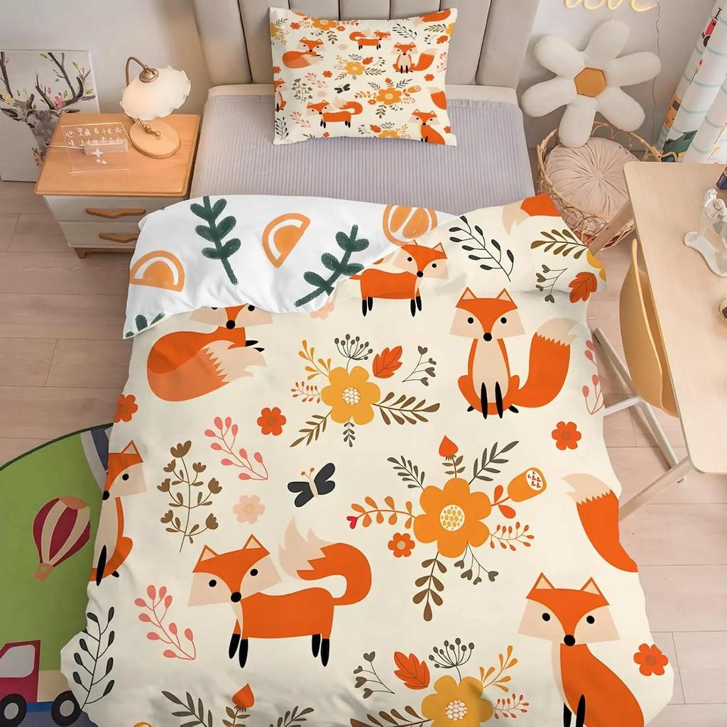 Fox Print Patchwork Duvet Cover for Kids Teens Boys Girls, Funny Lovely Animals Bedding Set, Fox Comforter Cover Decorative Room