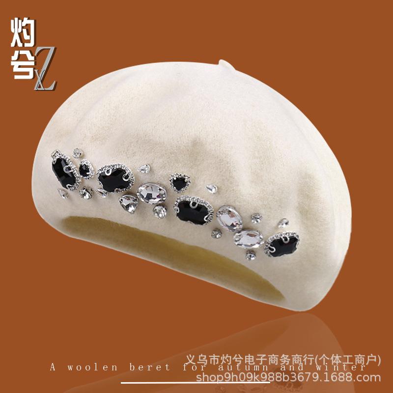 Autumn and Winter Literary and Artistic Solid Color Diamond-encrusted Fashion Wool Beret Women's Outdoor Shopping Versatile Face Small Painter Hat D