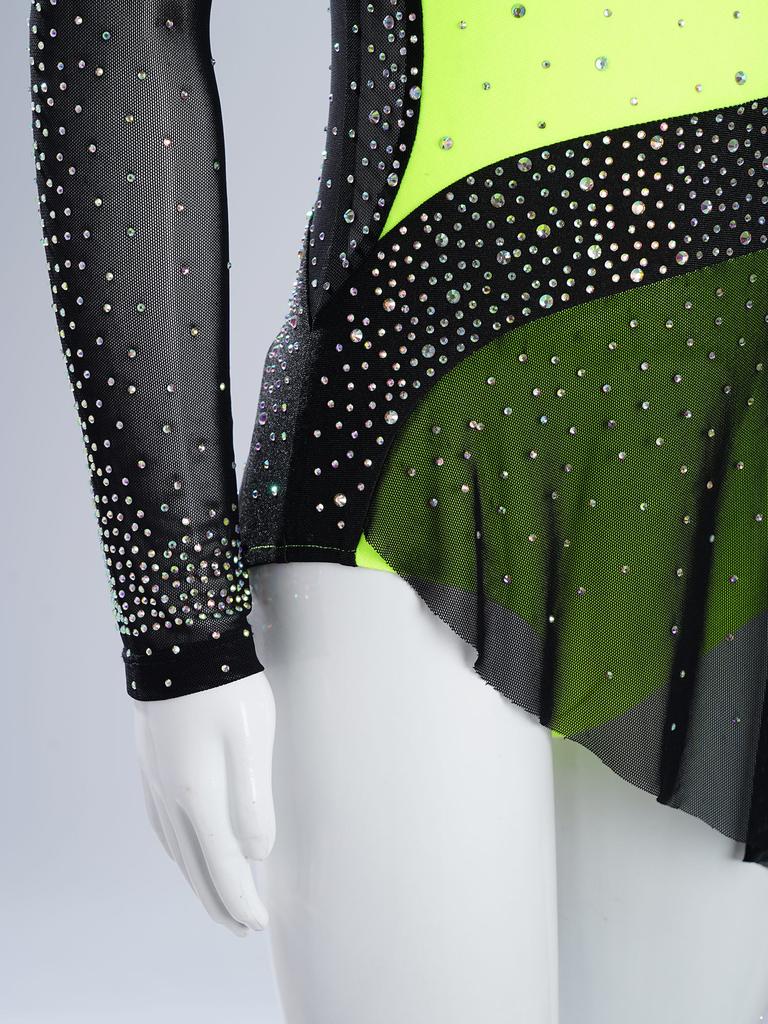 Girls Gymnastics Costume Long Sleeve Sheer Mesh Design Patchwork Sparkling Rhinestones Color Block Leotard