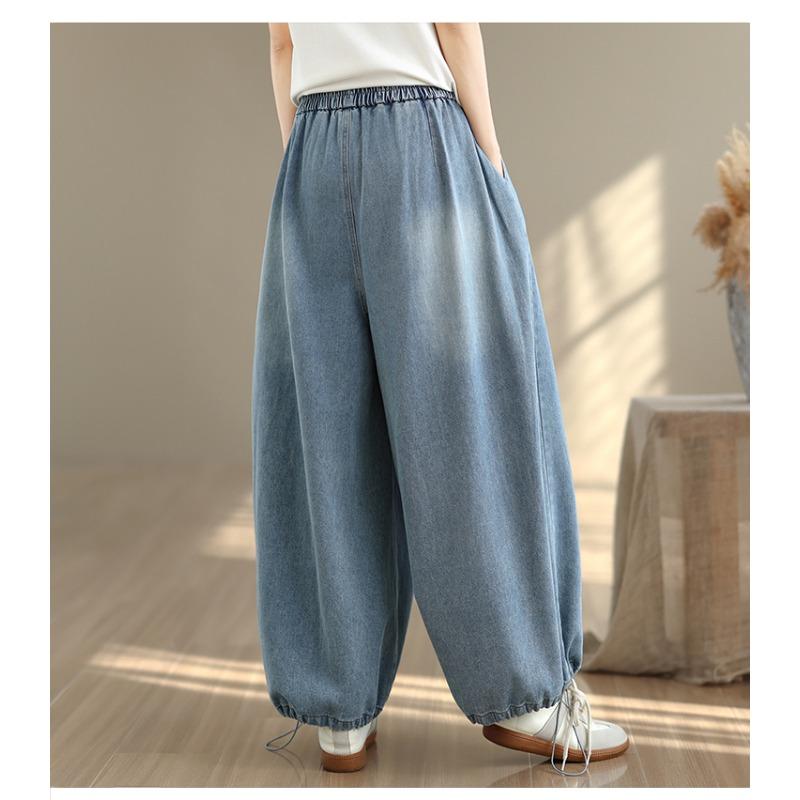DIMANAF 2026 Summer New Plus Size Women Jeans Elastic Waist Long Pants Loose Casual Denim Cotton Trousers Vintaged