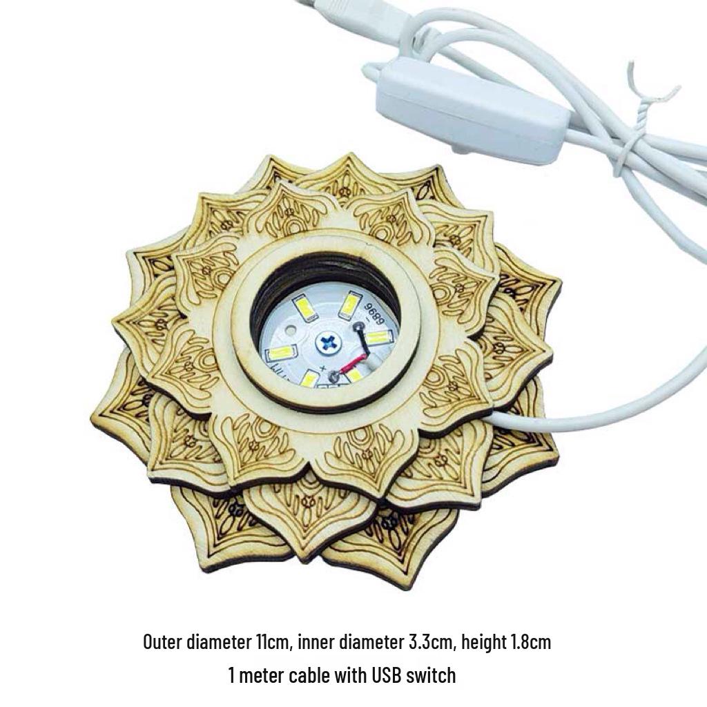 Three-Layer Lotus LED Night Light: Wooden Root Carving Base for Crystal Ball with Cool & Warm Colors