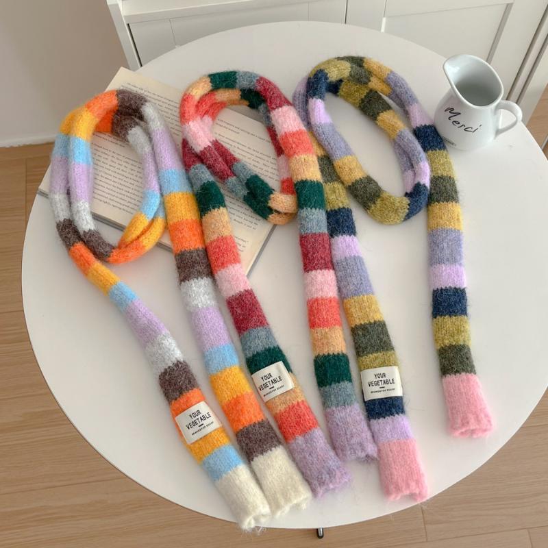 Women'S Thin Narrow Long Colorful Striped Scarf Autumn And Winter New Design Hot Girl All-Match Decorative Scarf