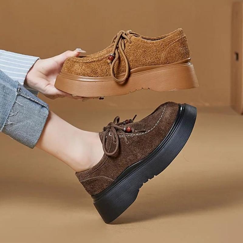 Fashion Retro Brown Faux Suede Thick Bottom Loafers Women Fashion Sewing Gemstone Designer Shoes Cozy Lace Up Derby Shoes Zapatos Mules