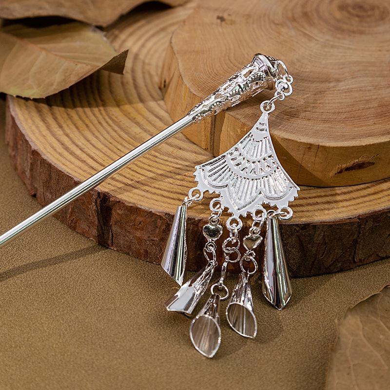 National Tide New Chinese Hairpin Liquid Metal Butterfly Hairpin Crescent Set Diamonds Vintage Bamboo Joints Tassel Hairpin Coiffure Hairpin