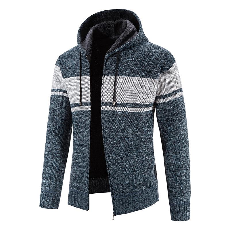 Men's Hooded Sweater Cardigan Plus Velvet Autumn and Winter Men's Knitted Sweater Color-blocking Youth Coat