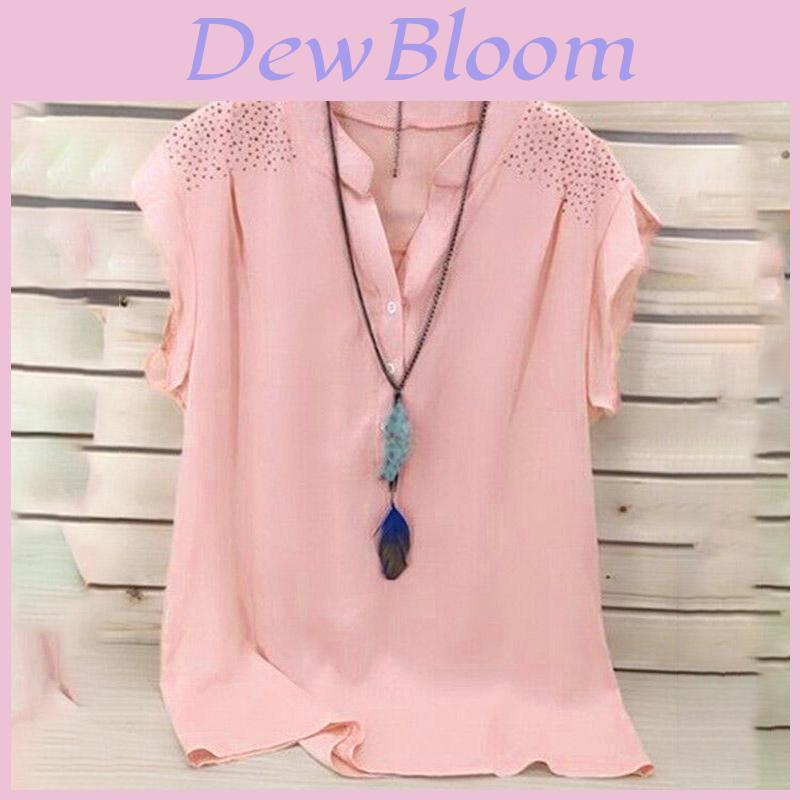 Elegant Womens Summer Button V Neck Short Sleeve T Shirt For Plus Size Ladies