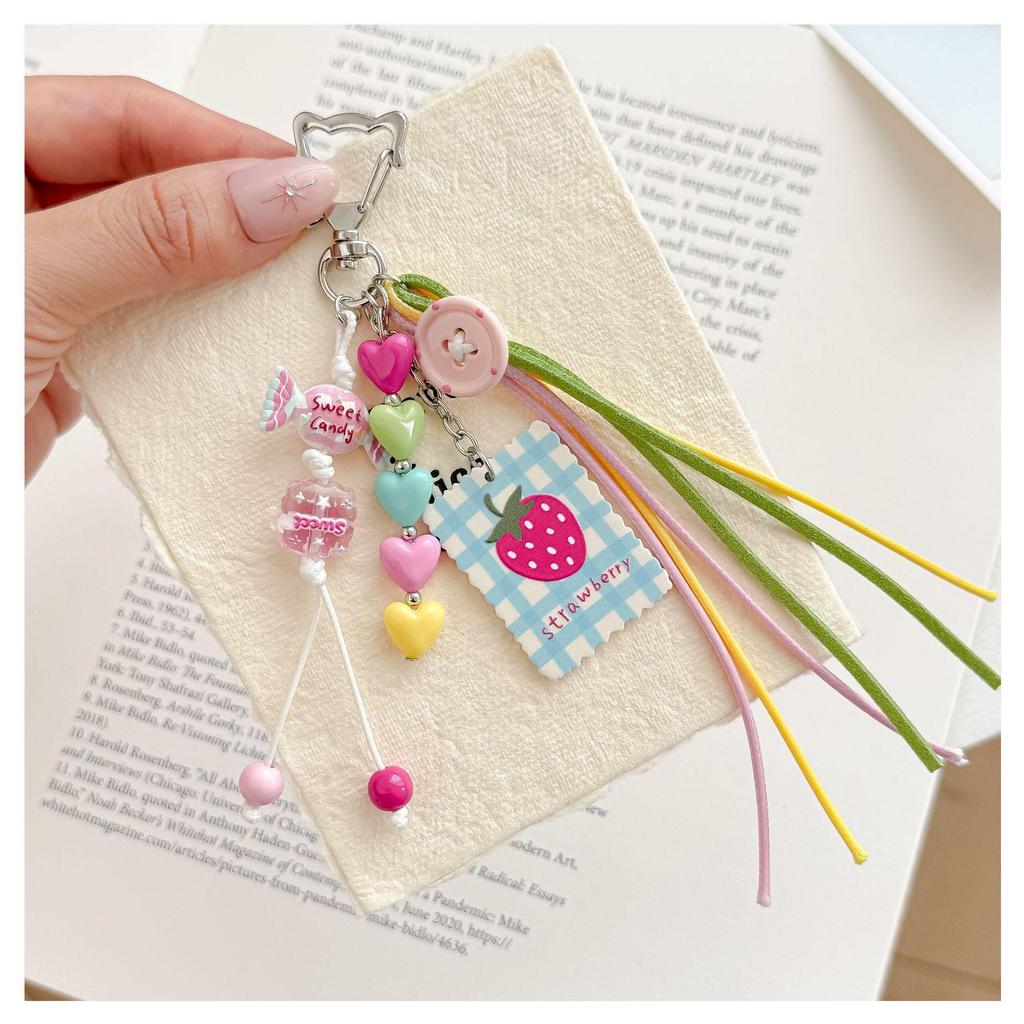 Dopamine Strawberry Heart Keychain: Cute Candy Pendant with Tassel - Small Gift Bag Accessory