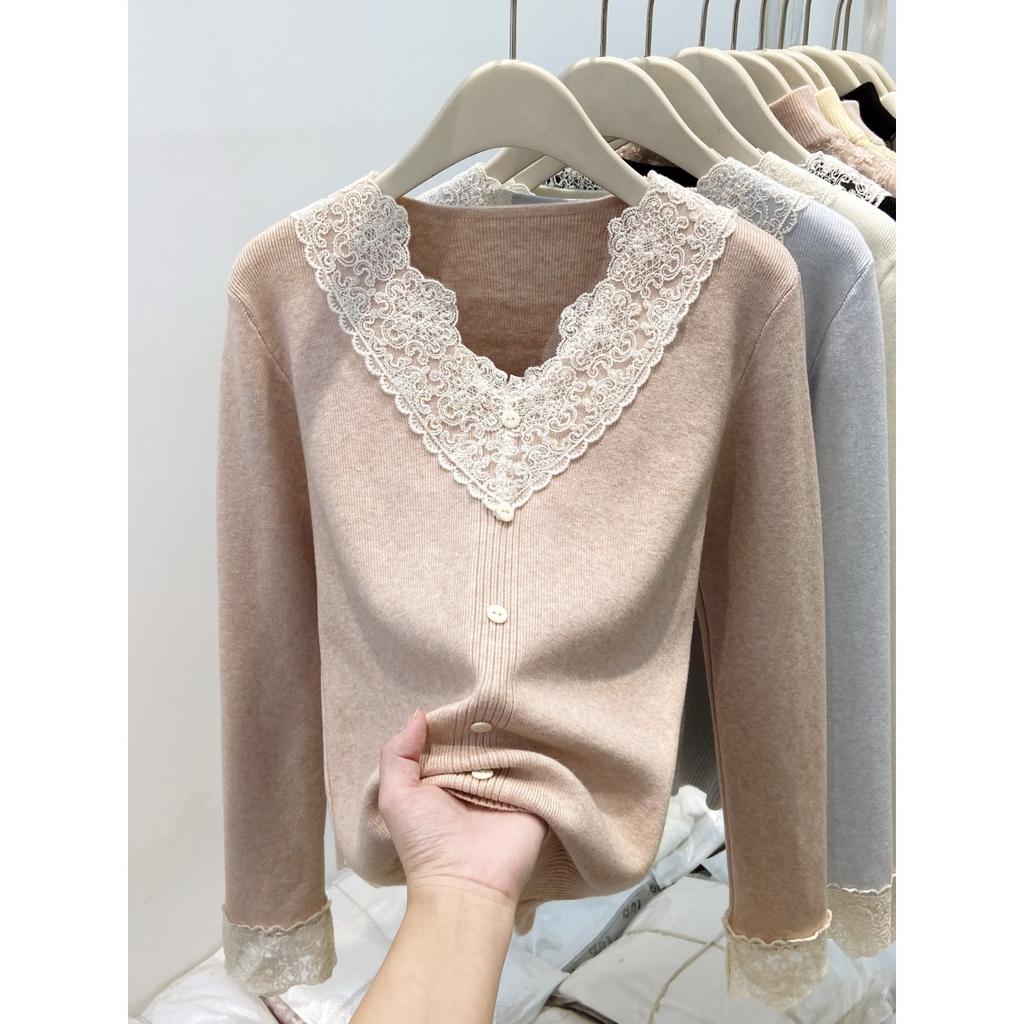 Milk Blue Collar Lace Splicing Knitted Top Women's Spring Sweet Age-reducing Inner Bottoming Sweater