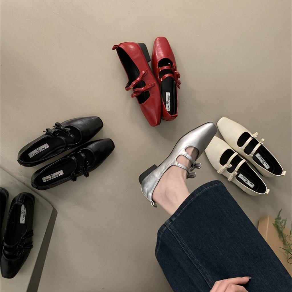 Korean version of temperament evening style design sense double bow French retro Mary Jane thick heel 2025 autumn single shoes women's shoes