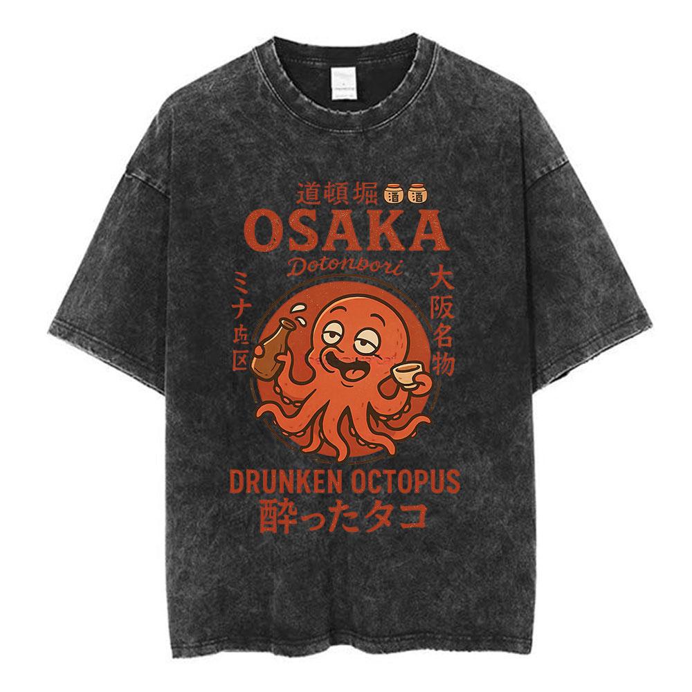 

Vintage Washed Osaka Dotonbori Drunken Octopus Takoyaki Funny T Shirts Men Women Retro Japanese Style Oversized Cotton TShirts S