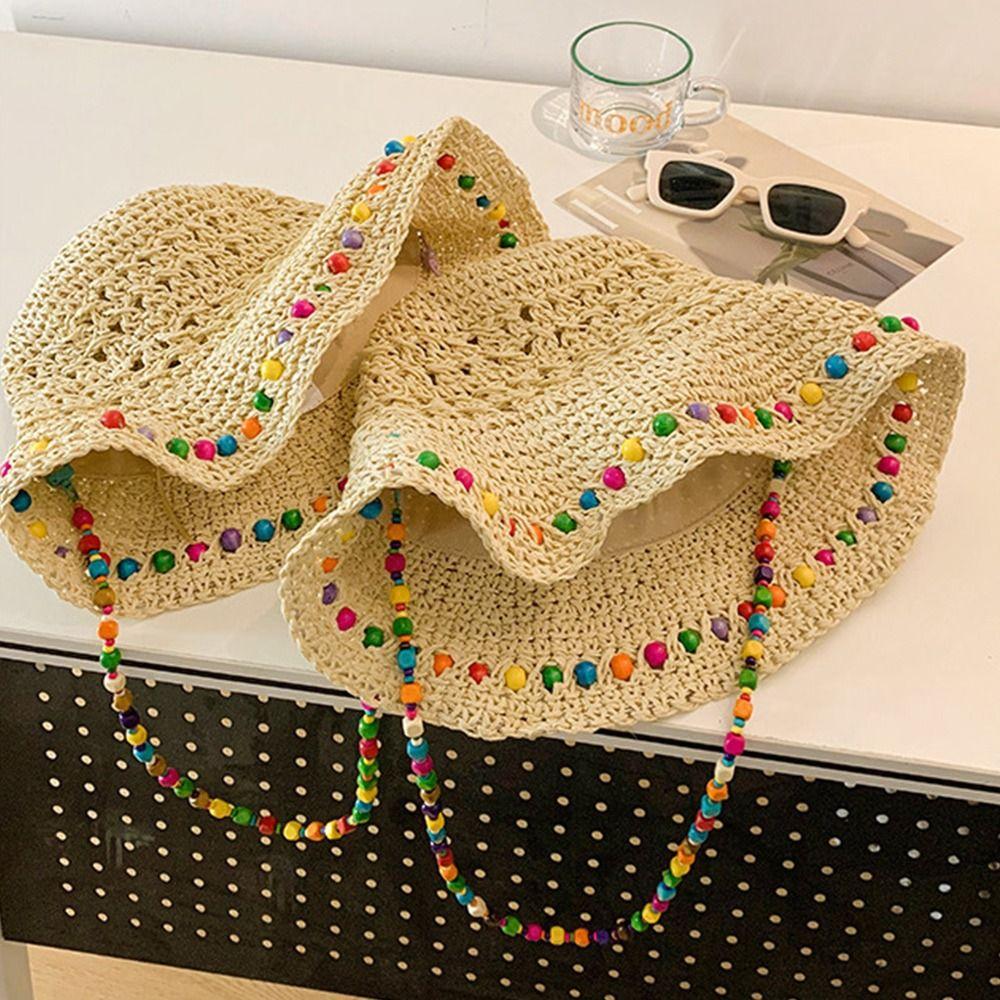 Color Wood Beads Straw Hat Large Brim Sunshade Hat New Sunscreen Hat