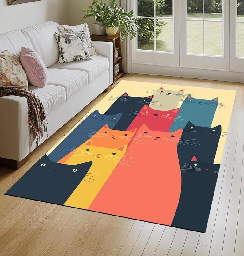 Skládaný kočičí koberec Barevný abstraktní kreslený kočičí koberec Pokoj pro milovníky koček Dekorace obývacího pokoje Podložka na podlahu Rohožka ke vchodu