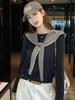Autumn Korean Color-Block Striped Shawl & T-Shirt Women's College Style Top