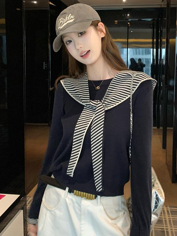 Autumn Korean Color-Block Striped Shawl & T-Shirt Women's College Style Top