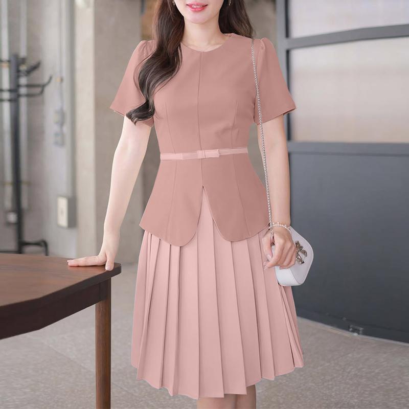 ZANZEA Womens Casual Round Neck Pleated Hem Patchwork Commute Short Sleeve Dress
