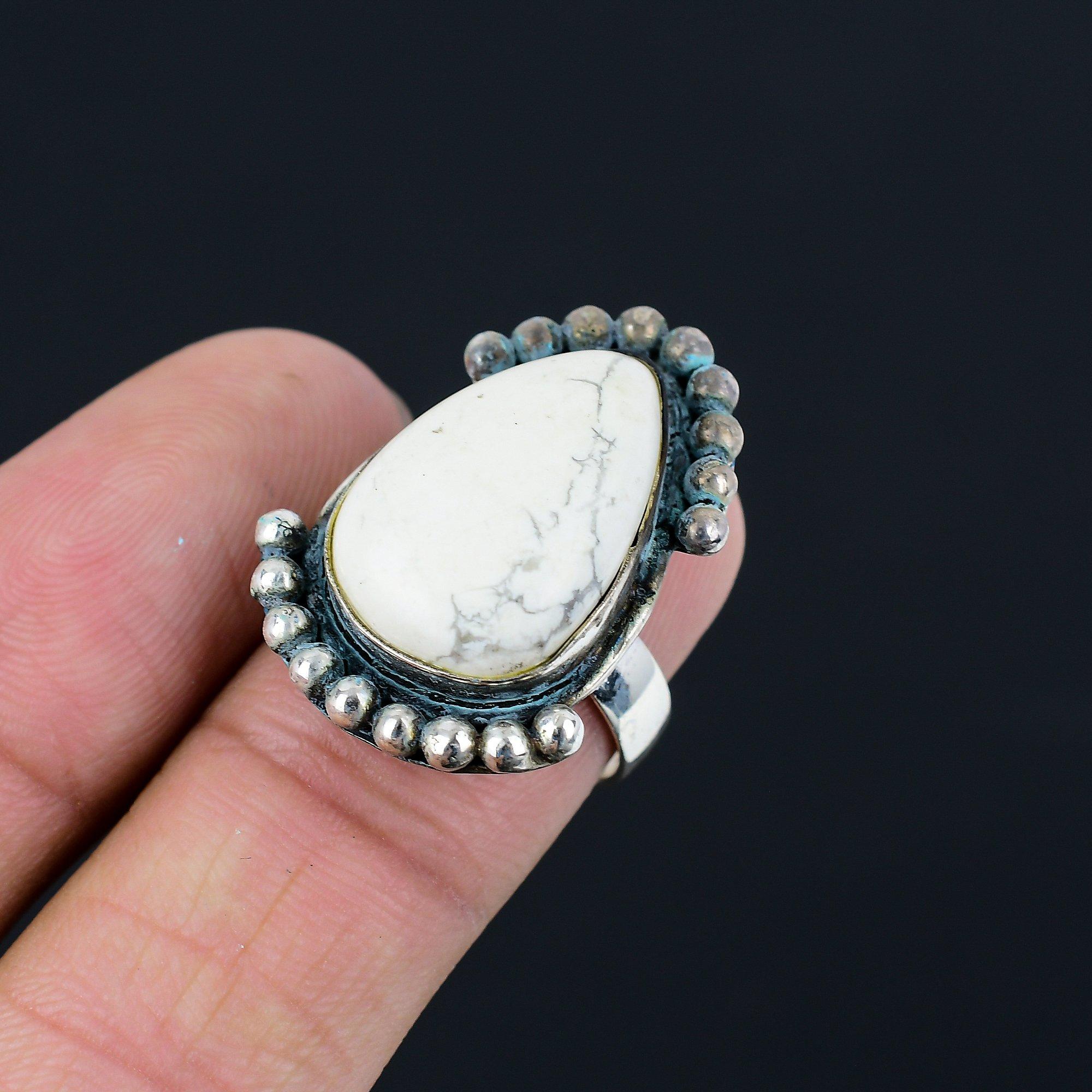 

925 Sterling Silver Pear Howlite Gemstone New Statement Wife Ring Jewelry US 8 8