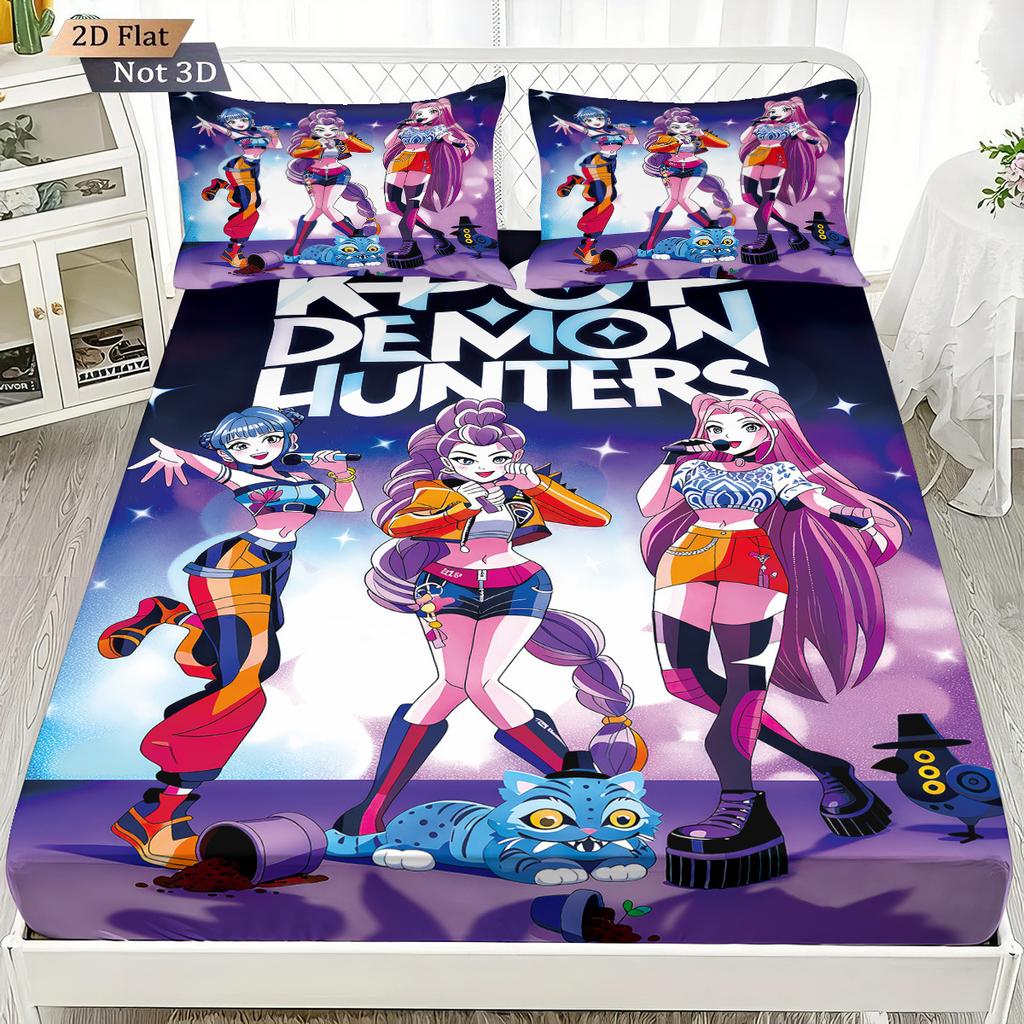 1pc K-Pop Demon Hunters Fitted Sheet Polyester Durablle Machine Washable Bedding Set for Home Bedroom Decoration Birthday Gift