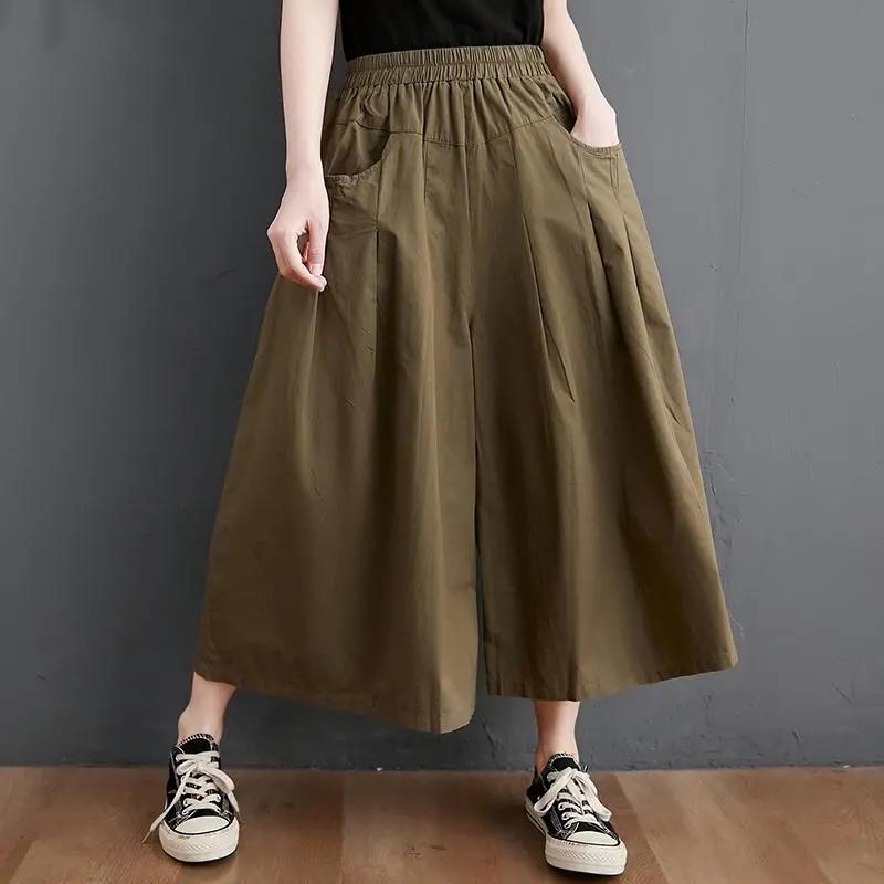 

Летние хлопковые широкие брюки женские в винтажном стиле однотонные свободные женские повседневные брюки длиной до щиколотки L