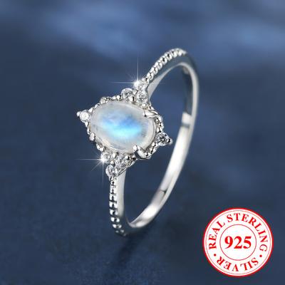 Luxe Edel Ovale Blauwe Maansteen 925 Sterling Zilveren Ringen voor Dames Elegante Verlovingsring Fijne Sieraden Cadeau