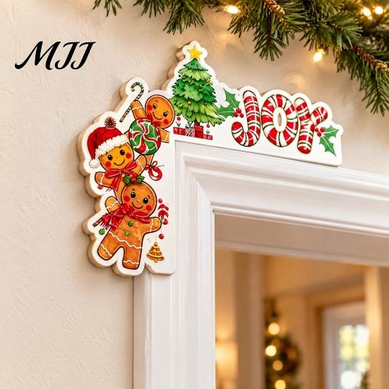 Christmas Home Interior Decor Door Corner Topper, Wooden Sign with Santa Claus Snowman And Gingerbread Decorative Plaque Man Prints, Easy Installation