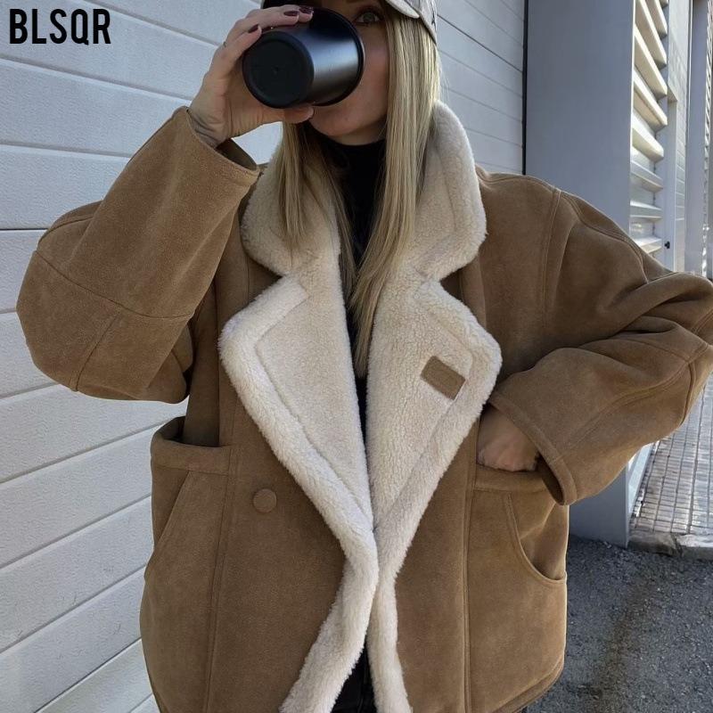 Women European Fashion Loose Warm Vintage Lamb Wool Winter Coat