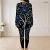 Women Plus Size Black Printed Front Zip Long Sleeve Top And Fitted Pants Two Piece Set