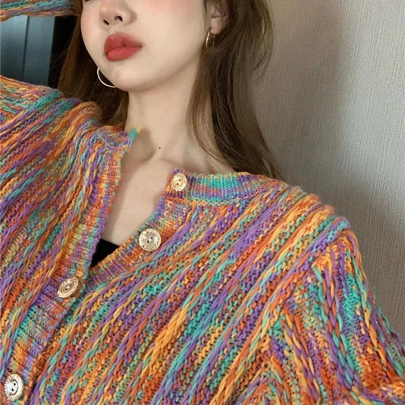 Women's Rainbow Cardigan Sweater Coat Lazy Style Long Sleeve Button Knit Cardigan