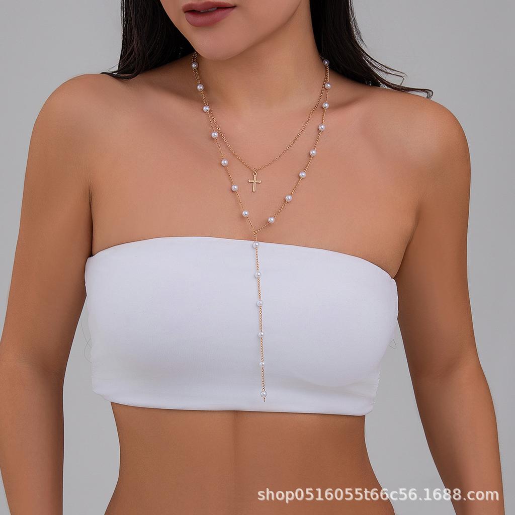 European and American temperament imitation pearl chain long fringed necklace simple ins style cross pendant collarbone chain
