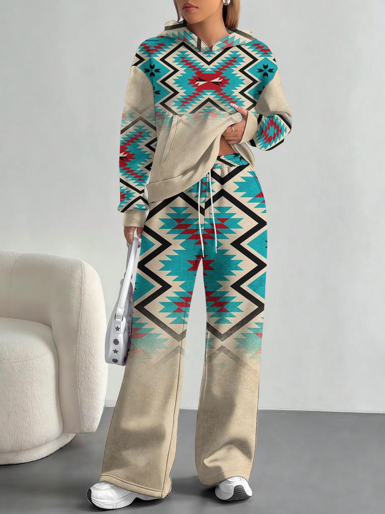 European And American Autumn And Winter Casual Long-Sleeved Suit Women'S Bohemian Hooded Sweater Trousers Two-Piece Set