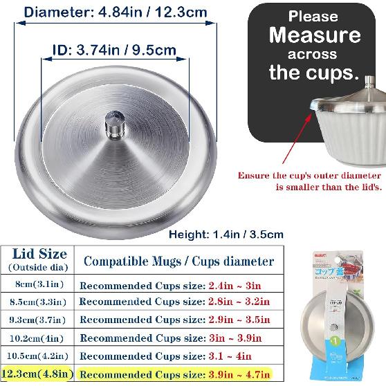 2Pcs Stainless Steel Cup Covers, 4.8Inch Coffee Mug Lid, Metal Tea Cup Cover, Universal Lid for Hot Tea Home Kitchen Camping, 12.M